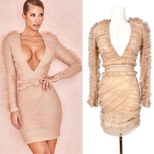NWT house of cb FLEUR  BLUSH PLEATED TULLE DEEP V DRESS